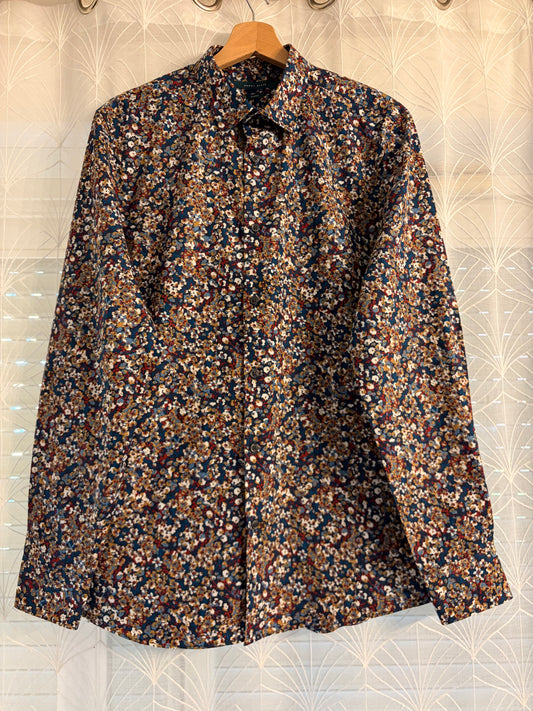 Chemise Perry Ellis Slim Fit Florale Multicolore Fond Bleu Marine Motifs Jaune/Bordeaux 100% Coton – Homme – Taille M