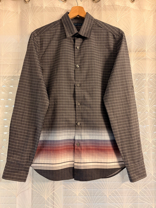 Chemise Perry Ellis Ombré Dégradé Carreaux Gris Anthracite Bande Multicolore Rouge/Beige/Bleu 100% Coton – Homme – Taille S