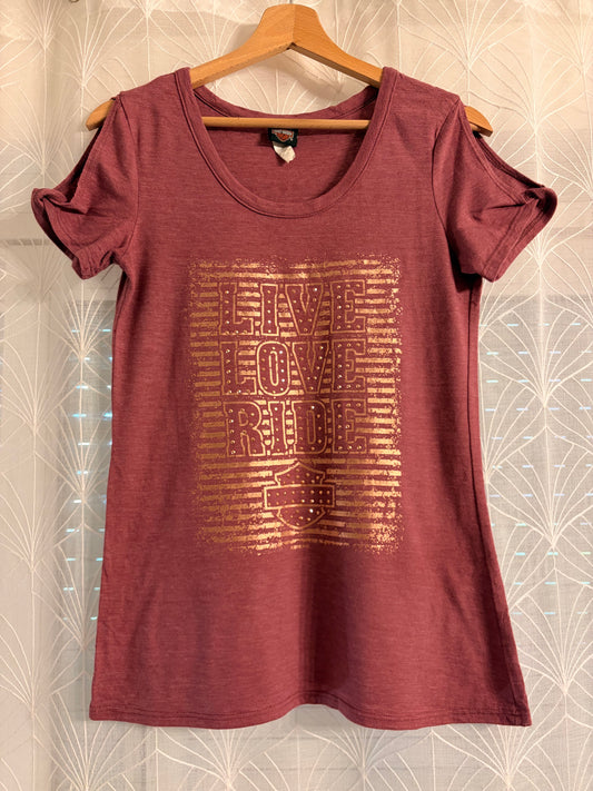 T-shirt Harley-Davidson Live Love Ride Rose Chiné Cold Shoulder Strass Dorés Dos Asheville NC 50% Polyester – Femme – Taille S