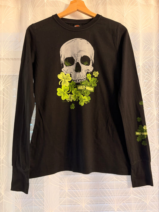 T-shirt Manches Longues Harley-Davidson 2022 Mt. Rainier Seattle Washington Noir Vert Fluo Crâne Trèfles Passes-Pouces 95% Coton Stretch – Femme – Taille M