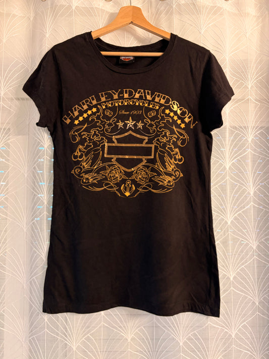 T-shirt Harley-Davidson Bahamas Noir Imprimé Doré Tatouage Roses Ancre Hibiscus 100% Coton – Unisexe – Taille XL