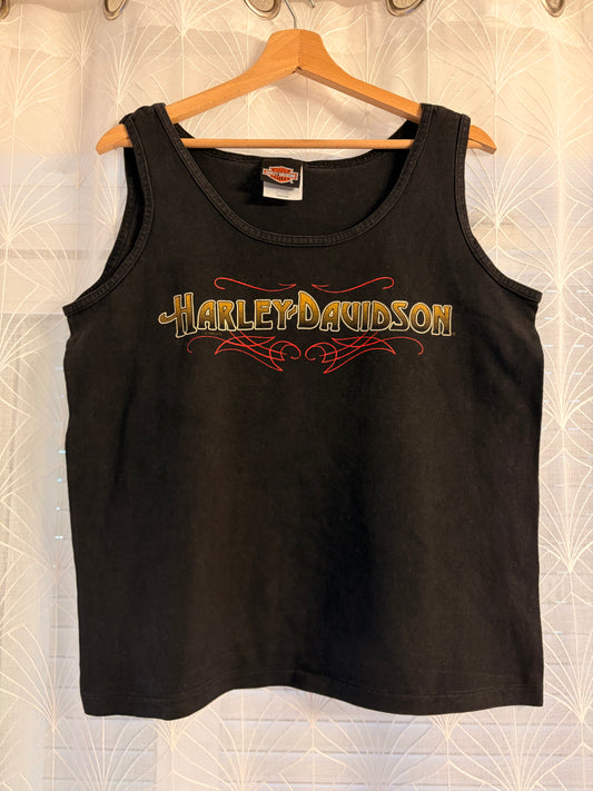 Débardeur Harley-Davidson Vintage 1995 Noir Délavé Hanes Her Way Pinstriping Rouge Dos Worth Kansas City Missouri 100% Coton Made in USA – Femme – Taille M