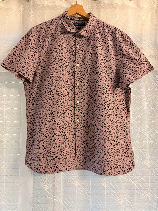 Chemise Perry Ellis Slim Fit Florale All-Over Vieux Rose Motifs Noirs 100% Coton Manches Courtes – Homme – Taille L