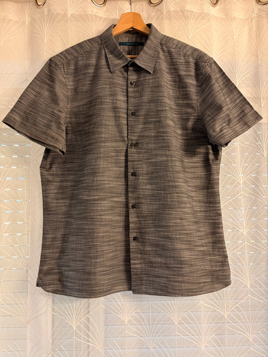Chemisette Perry Ellis Gris Anthracite/Blanc Chiné Tissage Texturé Bicolore 100% Coton Manches Courtes – Homme – Taille L