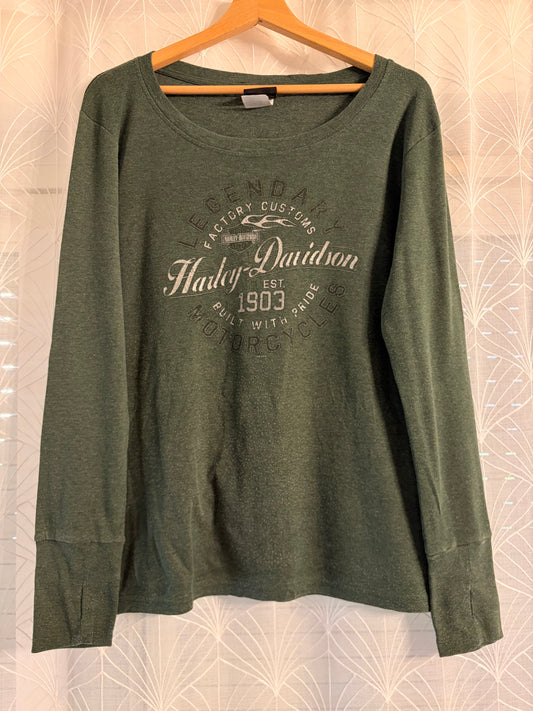 T-shirt Manches Longues Harley-Davidson Legendary Factory Customs Vert Kaki Chiné Passe-Pouces Effet Distressed – Femme – Taille L