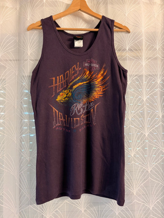 Débardeur Harley-Davidson Honolulu Hawaii Maille Côtelée Violet Prune Ride to Live Ailes Phénix Multicolores 95% Coton Made in USA – Femme – Taille XL