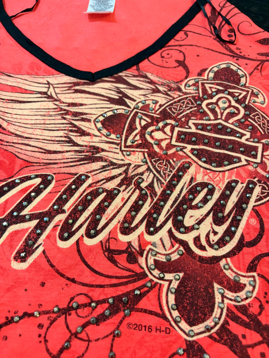 Top Harley-Davidson Rouge/Corail Manches Résille Noir Style Y2K Biker – Femme – Taille M