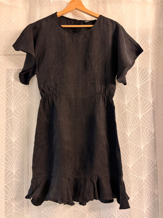 Robe Courte Zara Noire Lyocell Manches Volantées – Femme – Taille S