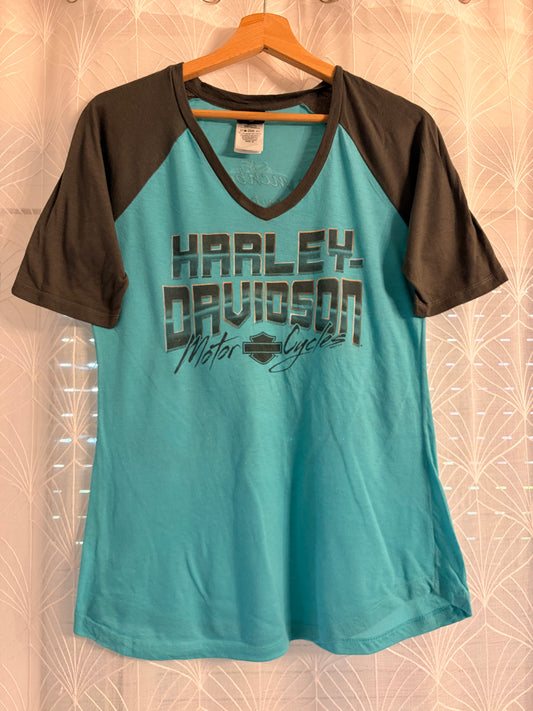 T-shirt Harley-Davidson Lynchburg Tennessee Raglan Bicolore Bleu Turquoise/Gris Logo Métallisé – Femme – Taille M