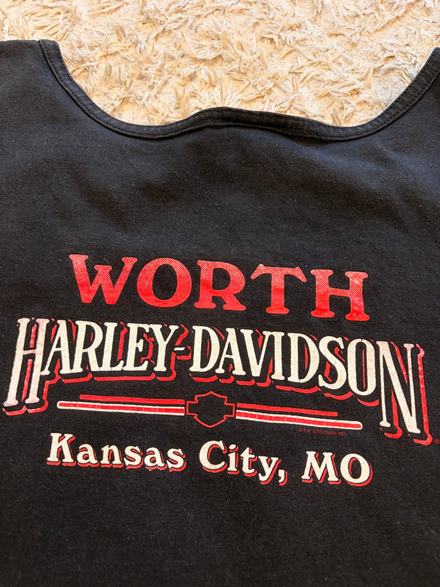 Débardeur Harley-Davidson Vintage 1995 Noir Délavé Hanes Her Way Pinstriping Rouge Dos Worth Kansas City Missouri 100% Coton Made in USA – Femme – Taille M