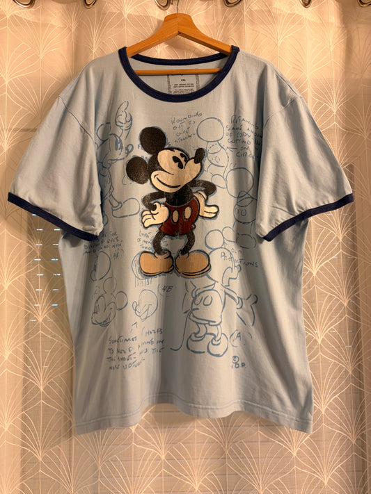 T-shirt Disney Ringer Bleu Ciel Mickey Mouse Croquis – Taille XXL | Seconde Main