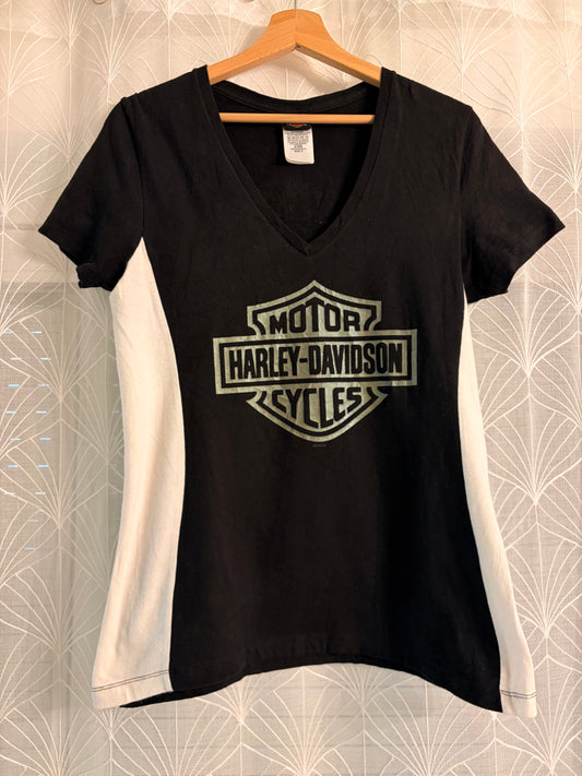 T-shirt Harley-Davidson Color Block Noir/Blanc Col V Logo Argenté – Femme – Taille S