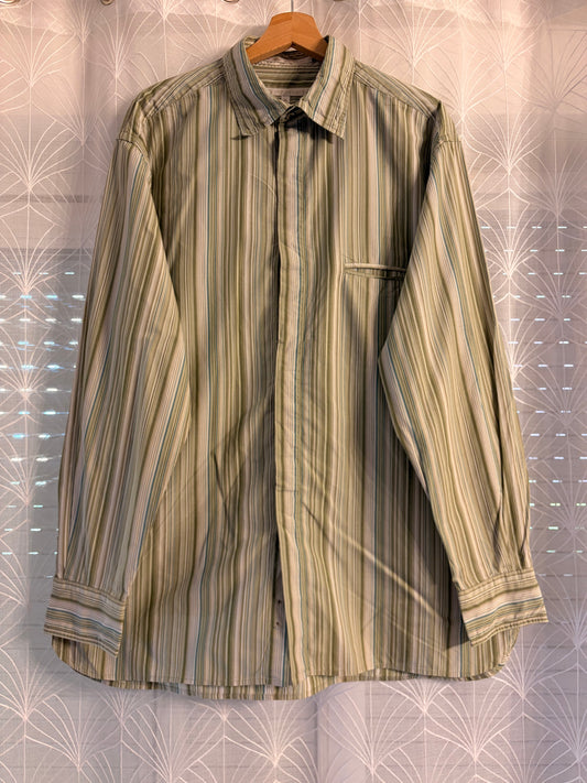 Chemise Perry Ellis Rayures Verticales Vert Olive/Blanc/Bleu Turquoise 100% Coton – Homme – Taille XL