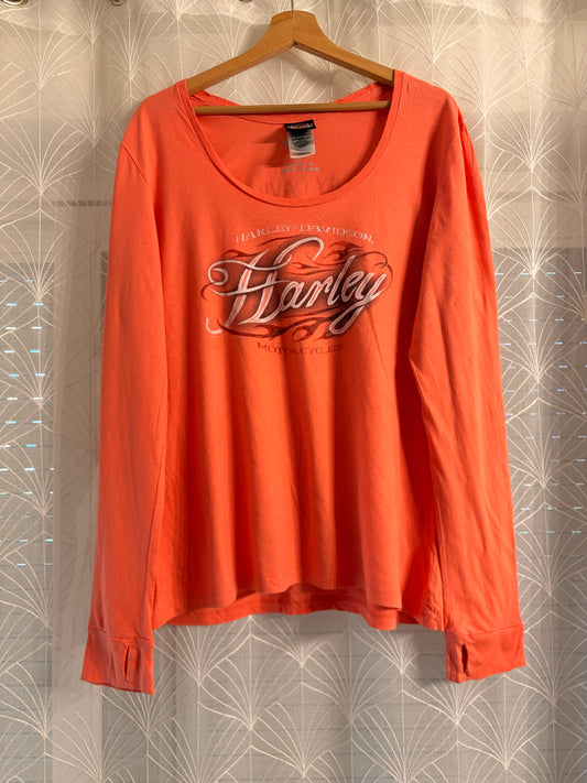 T-shirt Manches Longues Harley-Davidson Glendale California Love Ride Orange Corail Flammes Rétro Passes-Pouces 100% Coton – Femme – Taille XL