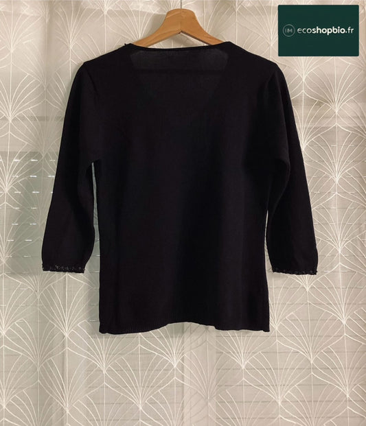 Pull noir à manches 3/4 en maille fine, vêtement seconde main mode éco-responsable