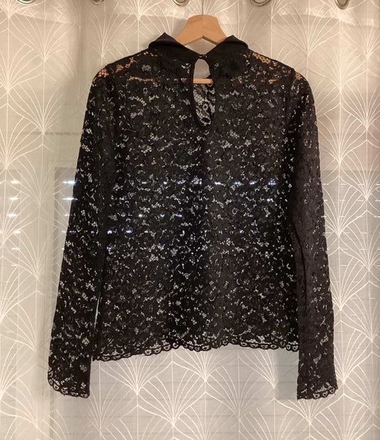 Blouse noire en dentelle avec paillettes, manches longues, col montant, seconde main