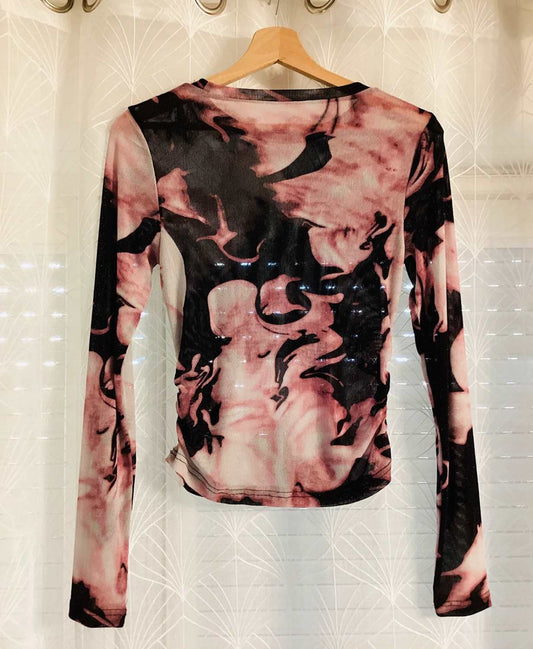 T-shirt à manches longues motif abstrait rose et noir, vêtement de seconde main tendance