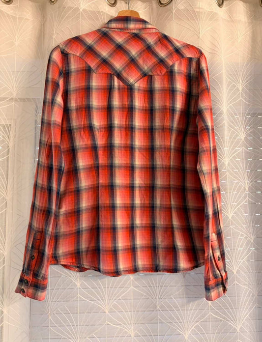 🍉🌊 Wrangler Women's Flannel Shirt - Coral/Navy/Beige Check - Size M
