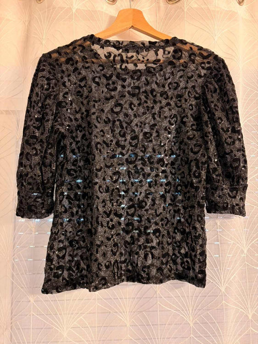 Blouse léopard pailletée noire à manches 3/4, vêtement seconde main élégant