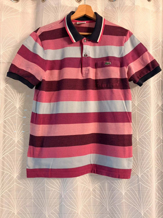 Polo Lacoste Vintage Rayé Rose/Bordeaux/Bleu Marine 100% Coton Piqué – Homme – Taille M (4)