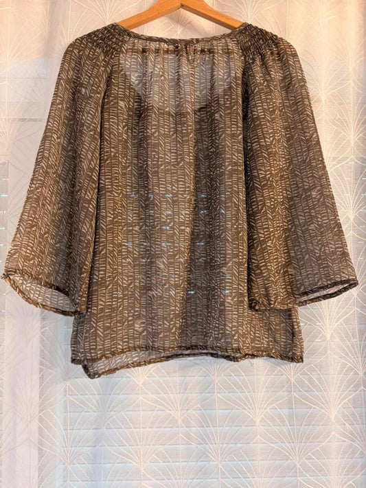 Blouse en soie transparente à motifs feuilles, manches 3/4, col élastiqué, seconde main