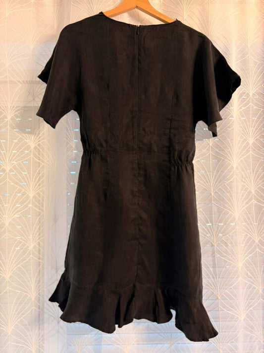 Robe noire courte à volants, manches courtes, dos boutonné, style élégant seconde main