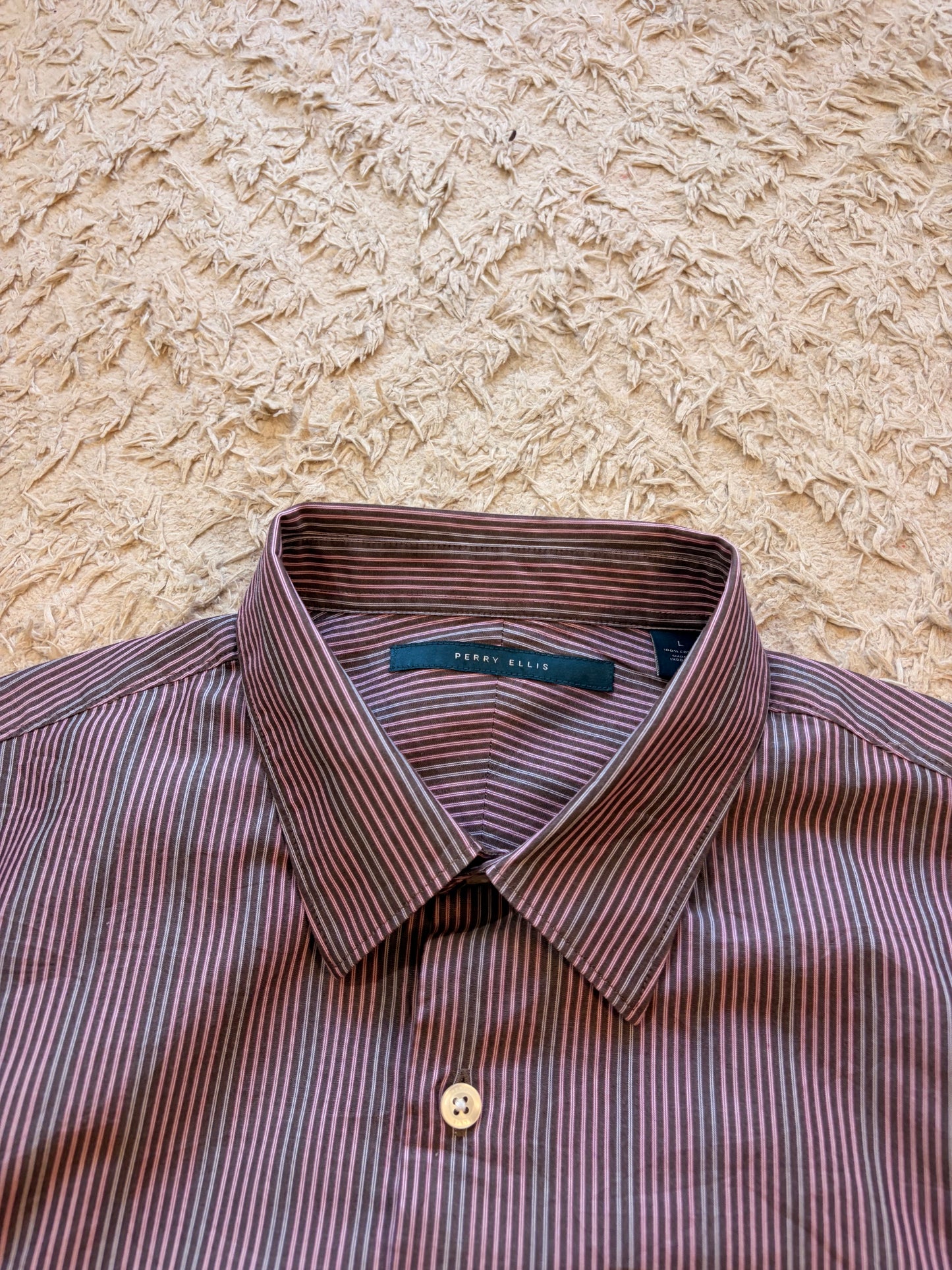 Chemise Perry Ellis Rayures Verticales Bordeaux/Chocolat/Blanc 100% Coton – Homme – Taille L