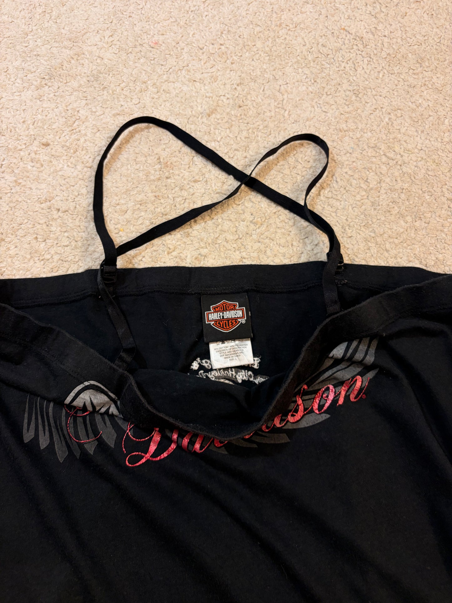 Top Débardeur Harley-Davidson Asymétrique Bretelles Croisées Noir/Rouge Paillettes – Femme – Taille L