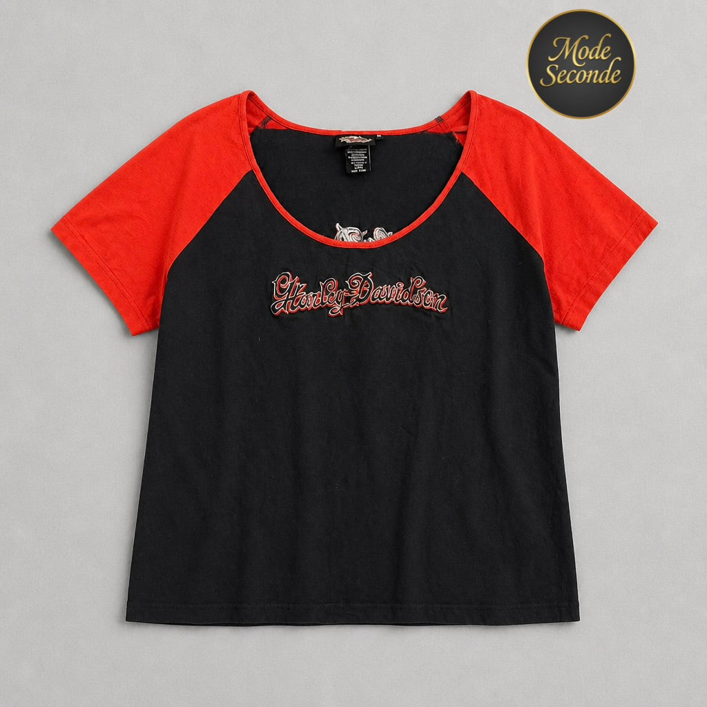 T-shirt raglan Harley-Davidson MotorClothes vintage noir/rouge broderie calligraphique dos tatouage cœur ailes tribales 95% coton – Femme – Taille XL | Mode Seconde