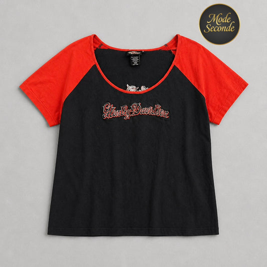 T-shirt raglan Harley-Davidson MotorClothes vintage noir/rouge broderie calligraphique dos tatouage cœur ailes tribales 95% coton – Femme – Taille XL | Mode Seconde