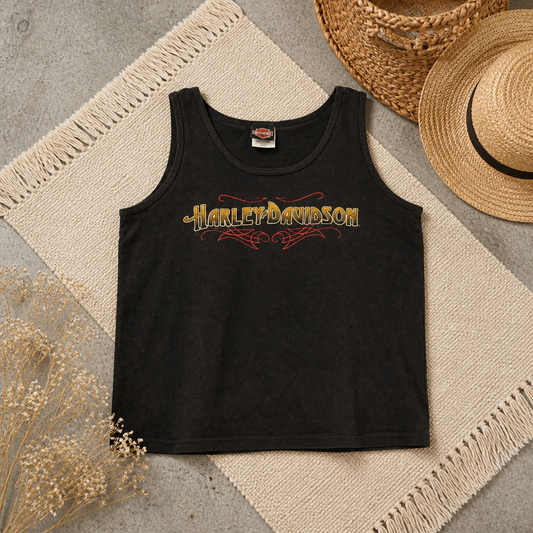Débardeur Harley-Davidson vintage 1995 noir délavé Hanes Her Way pinstriping rouge dos Worth Kansas City Missouri 100% coton Made in USA – Femme – Taille M | Mode Seconde