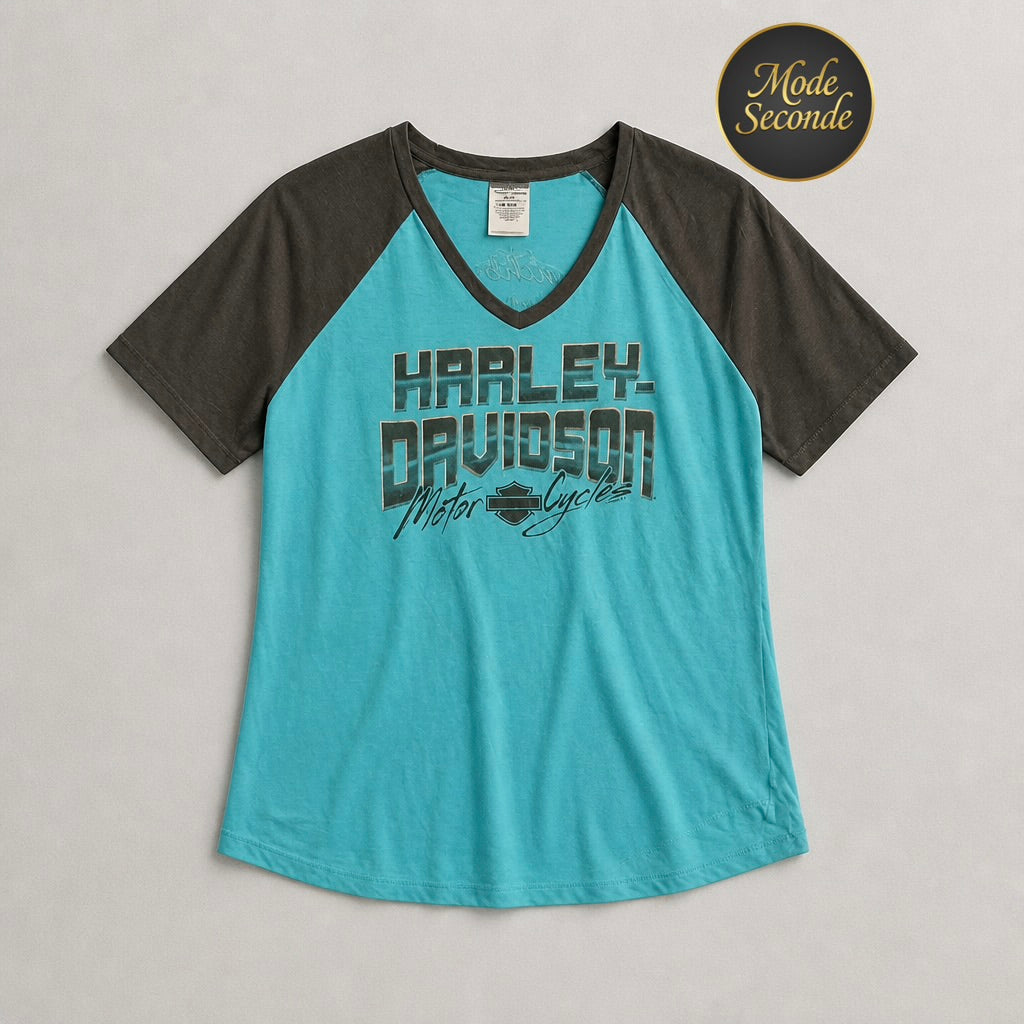 T-shirt Harley-Davidson Lynchburg Tennessee raglan bicolore bleu turquoise/gris logo métallisé – Femme – Taille M | Mode Seconde