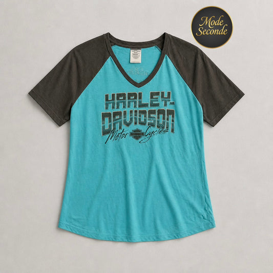 T-shirt Harley-Davidson Lynchburg Tennessee raglan bicolore bleu turquoise/gris logo métallisé – Femme – Taille M | Mode Seconde