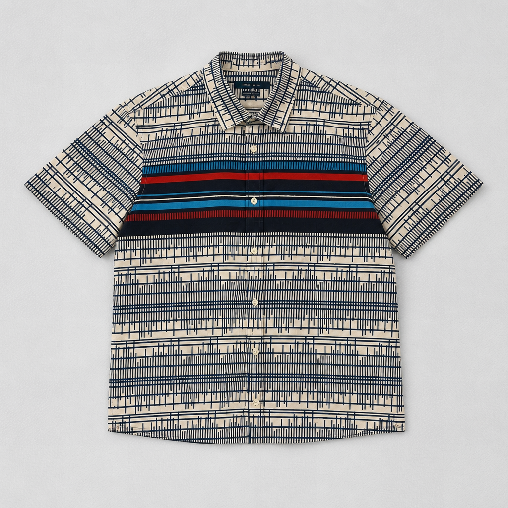 Chemise manches courtes Perry Ellis Slim Fit graphique blanc/bleu/rouge bande contrastée – Homme – Taille L | Mode Seconde