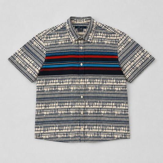 Chemise manches courtes Perry Ellis Slim Fit graphique blanc/bleu/rouge bande contrastée – Homme – Taille L | Mode Seconde