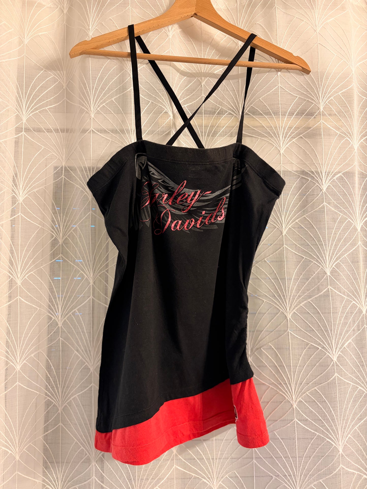Top Débardeur Harley-Davidson Asymétrique Bretelles Croisées Noir/Rouge Paillettes – Femme – Taille L