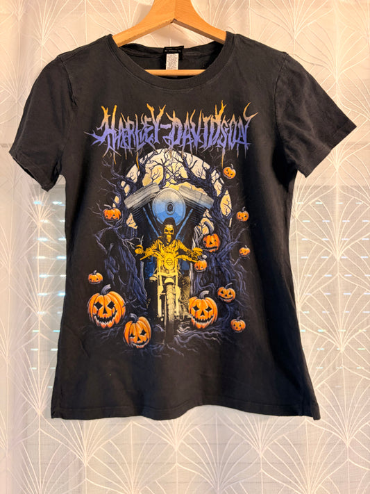 T-shirt Harley-Davidson Halloween Squelette Moto Citrouilles Noir Délavé 100% Coton Modesto California – Femme – Taille S