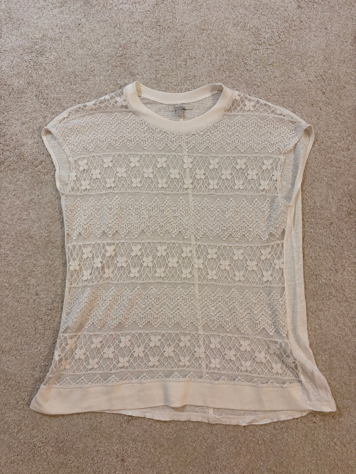 Top Sans Manches Zara Trafaluc Écru Dentelle Florale Motifs Festonnés – Taille M Femme | Seconde Main