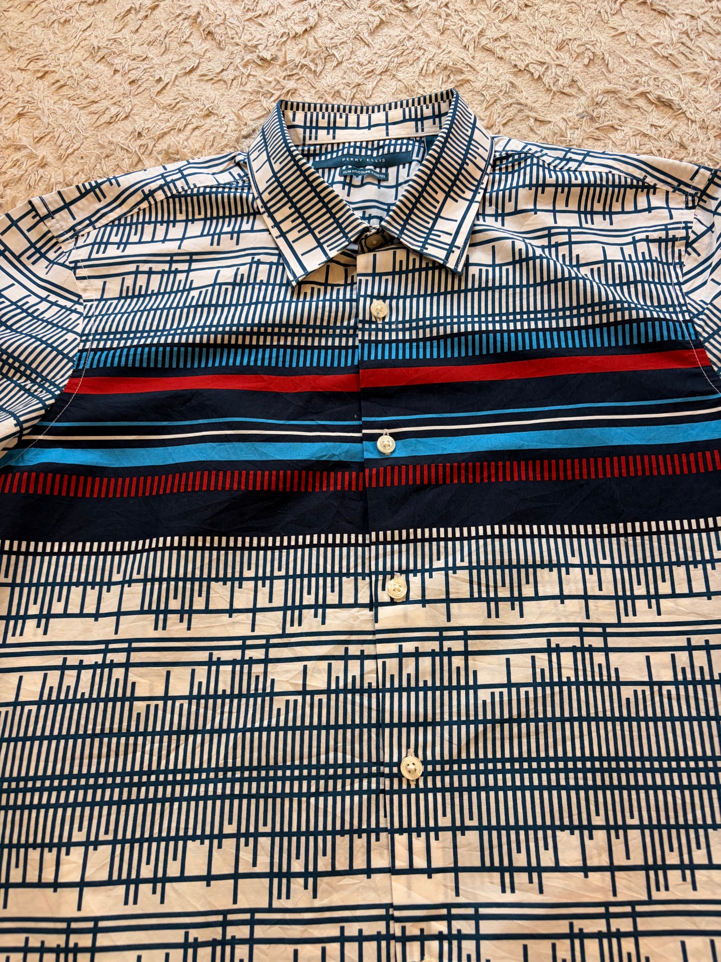 Chemise Manches Courtes Perry Ellis Slim Fit Graphique Blanc/Bleu/Rouge Bande Contrastée – Homme – Taille L