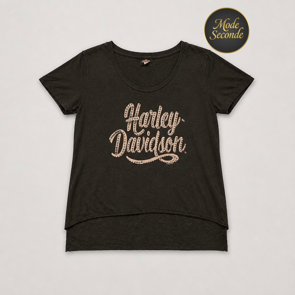 T-shirt Harley-Davidson 50ème anniversaire Apol's Minnesota 1972-2022 noir strass noirs lettrage argenté bas asymétrique – Femme – Taille S | Mode Seconde