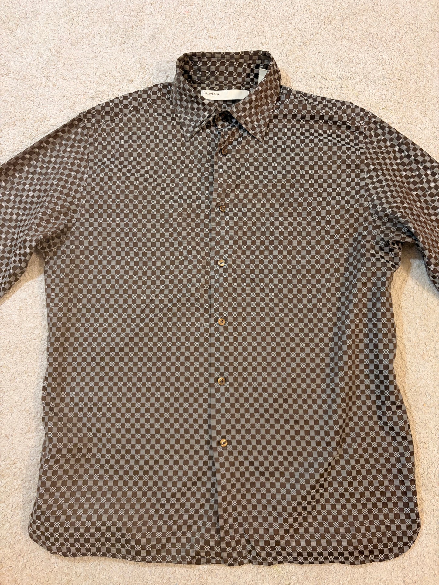 Chemise Perry Ellis Luxe Soie/Coton Carreaux Marron/Taupe Manches Longues – Homme – Taille L
