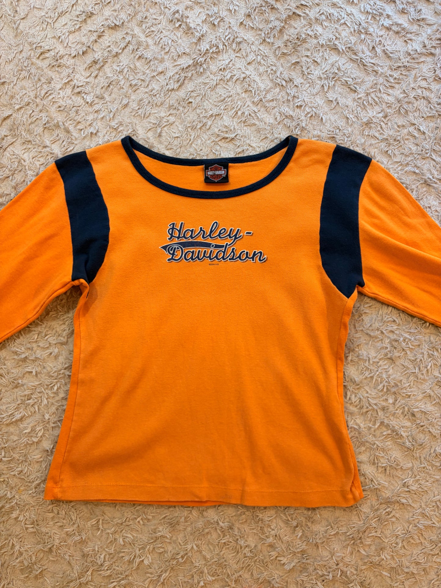 Top Manches Longues Harley-Davidson Vintage 2004 Holoubek D&S Phoenix Oregon Maille Côtelée Orange/Noir Brodé – Femme – Taille L