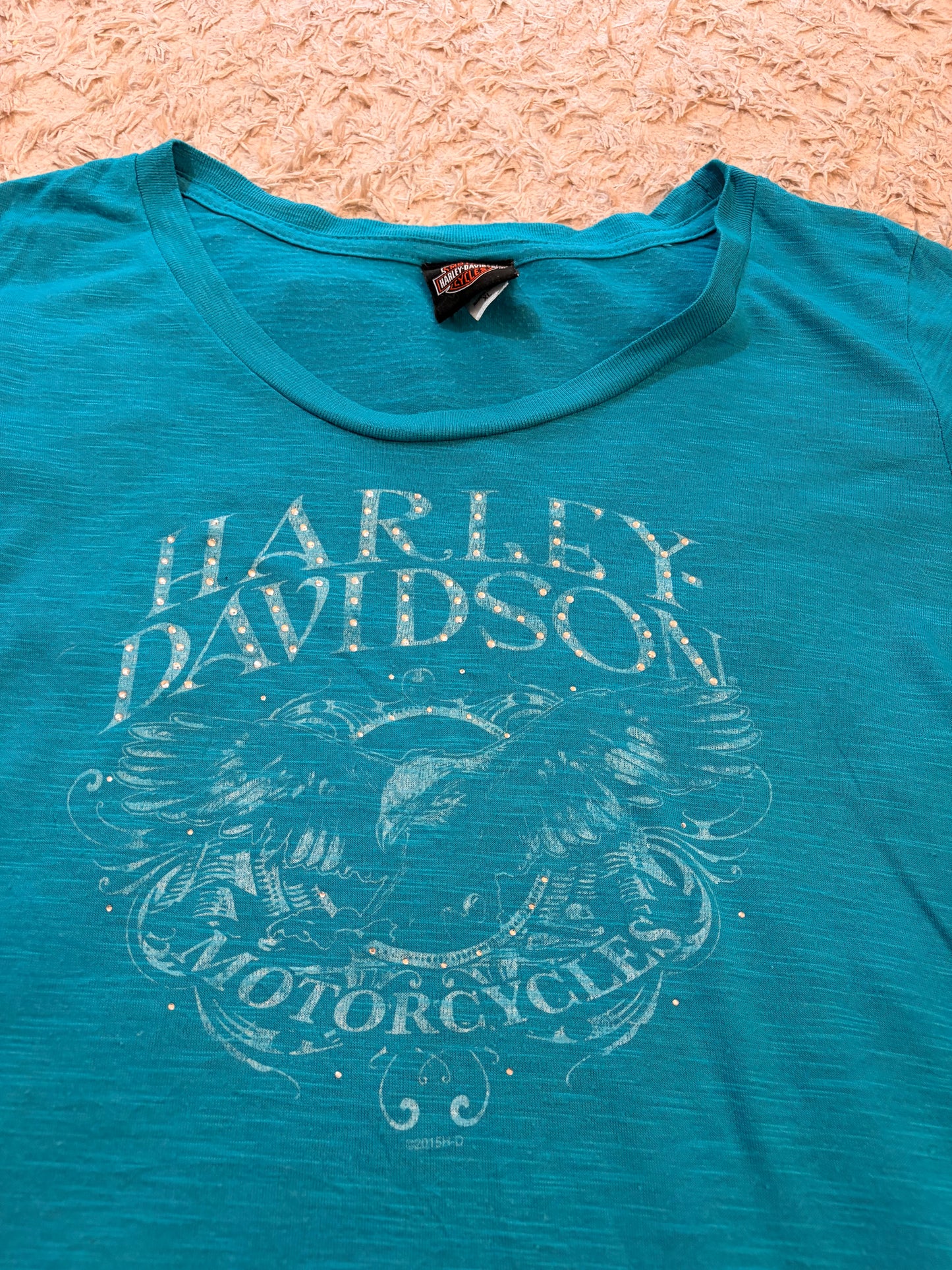 T-shirt Harley-Davidson Nashville Music City Strass Aigle Bleu Turquoise Fluide – Femme – Taille XL