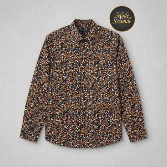 Chemise Perry Ellis Slim Fit florale multicolore fond bleu marine motifs jaune/bordeaux 100% coton – Homme – Taille M | Mode Seconde