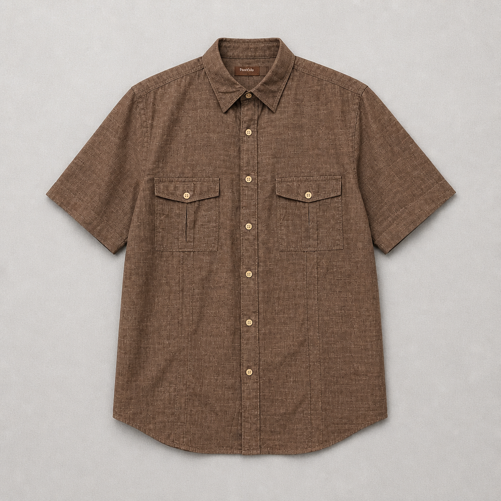 Chemise manches courtes Perry Ellis marron/taupe chiné 100% coton double poche – Homme – Taille M | Mode Seconde