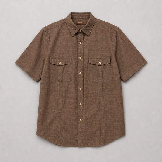 Chemise manches courtes Perry Ellis marron/taupe chiné 100% coton double poche – Homme – Taille M | Mode Seconde