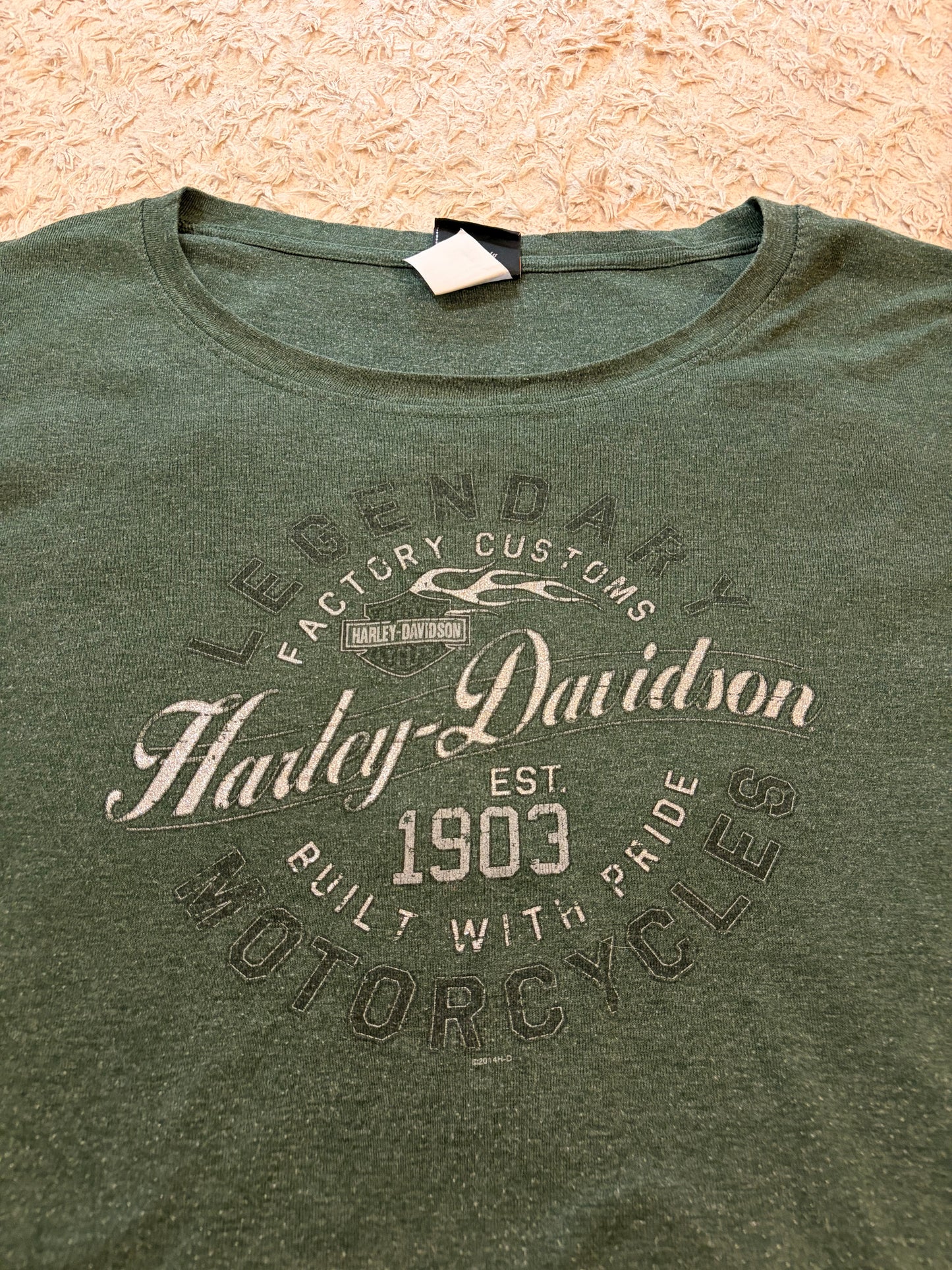 T-shirt Manches Longues Harley-Davidson Legendary Factory Customs Vert Kaki Chiné Passe-Pouces Effet Distressed – Femme – Taille L