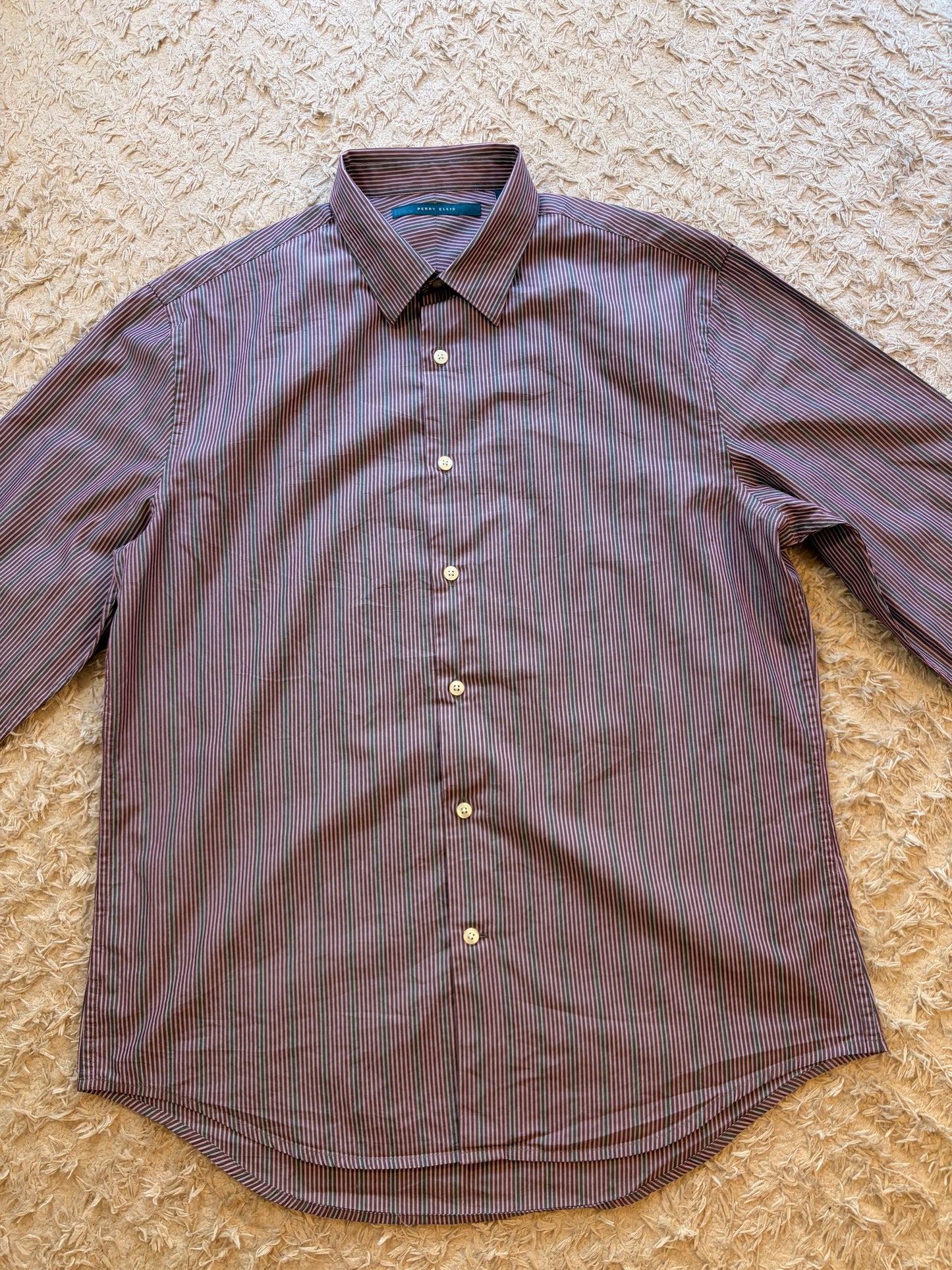 Chemise Perry Ellis Rayures Verticales Bordeaux/Chocolat/Blanc 100% Coton – Homme – Taille L