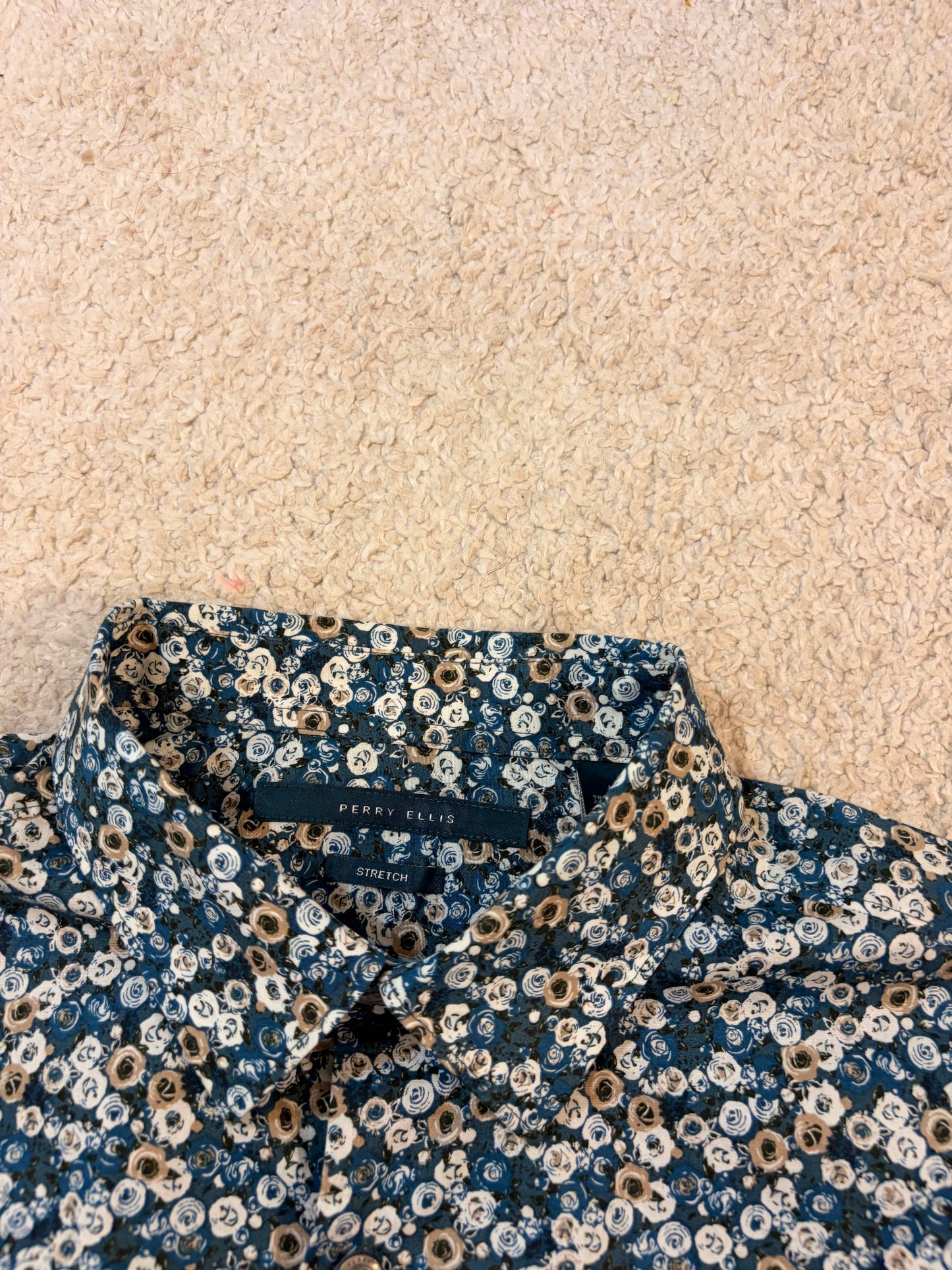Chemise Perry Ellis Stretch Fleurie Liberty Bleu Marine/Jaune Coton/Élasthanne – Homme – Taille M