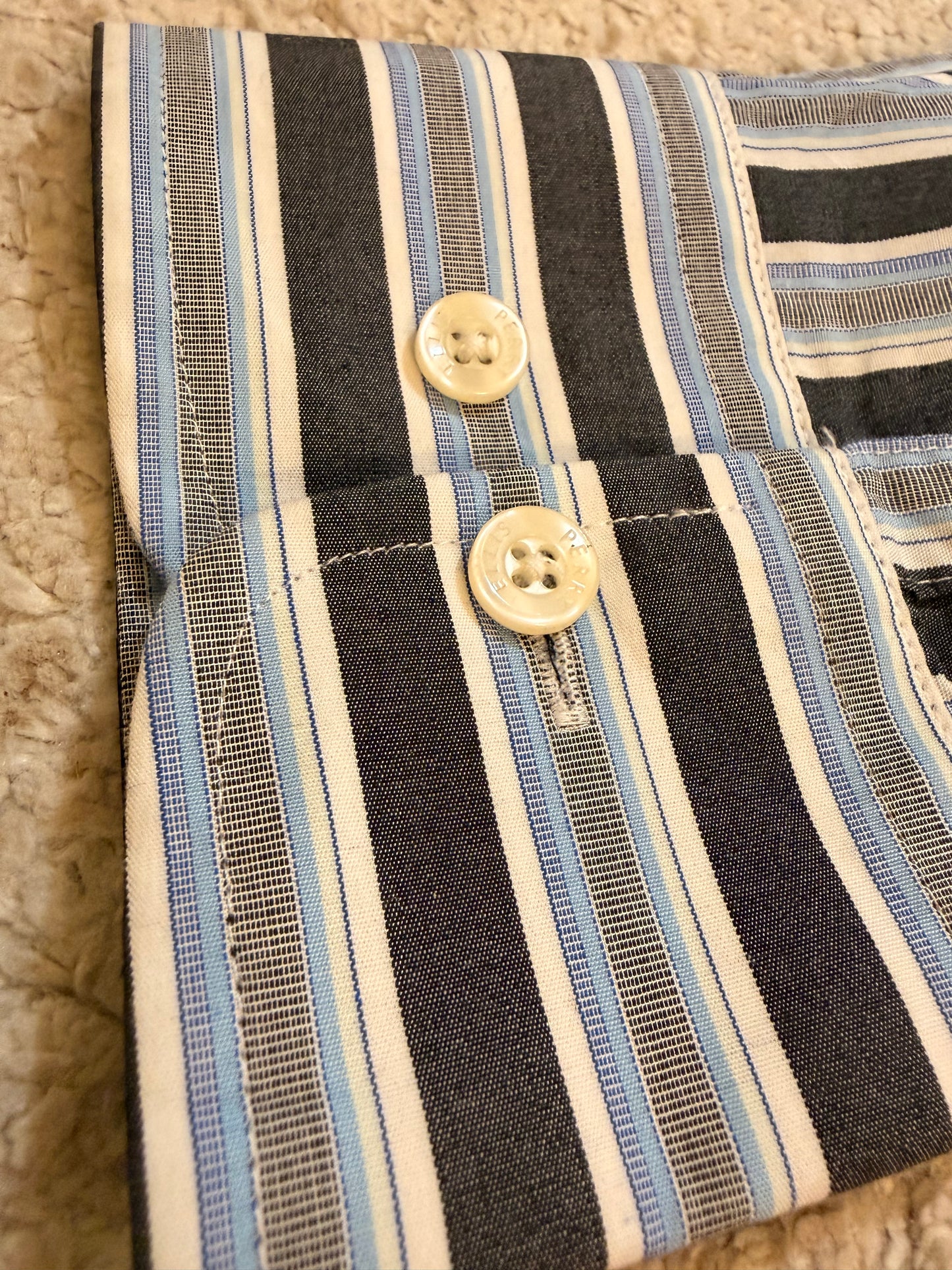 Chemise Perry Ellis Rayures Verticales Bleu/Noir/Blanc 100% Coton Manches Longues – Homme – Taille L